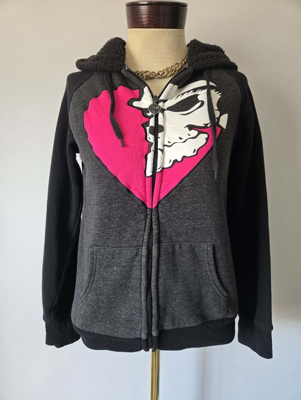 Metal Mulisha Dark Gray & Black Zip Hoodie with Fleece Interior. Size Small